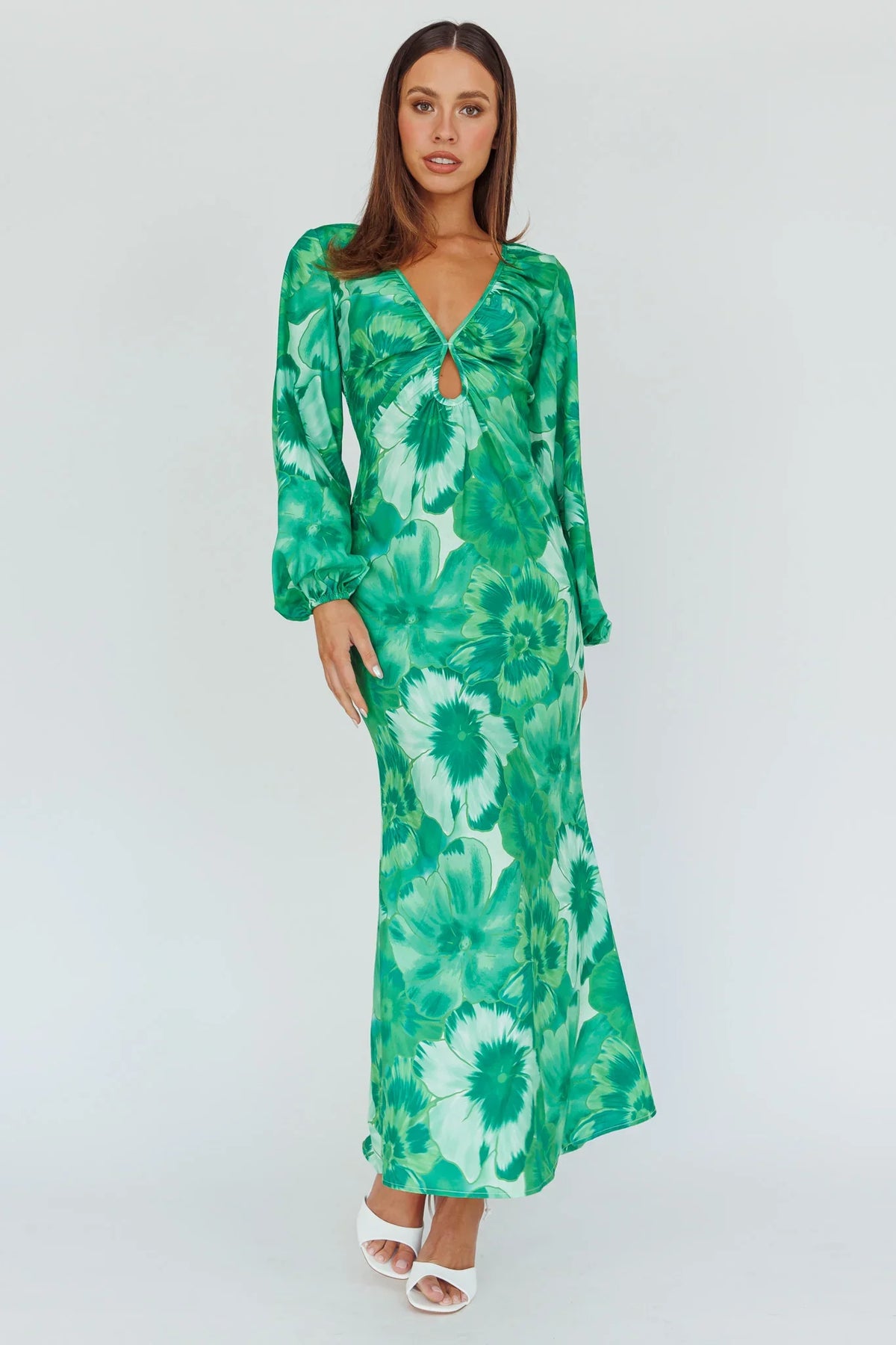 Yessica Balloon Sleeve Midi Dress Floral Green