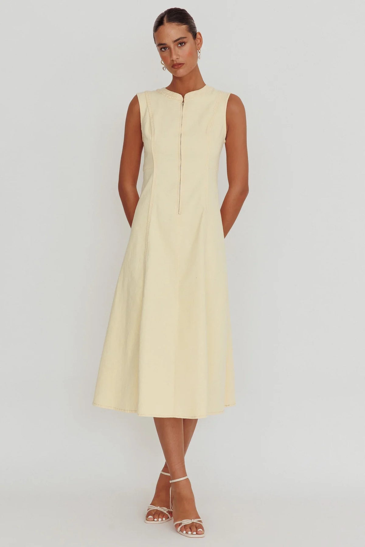 Passionate Flame Sleeveless A-line Midi Dress Beige