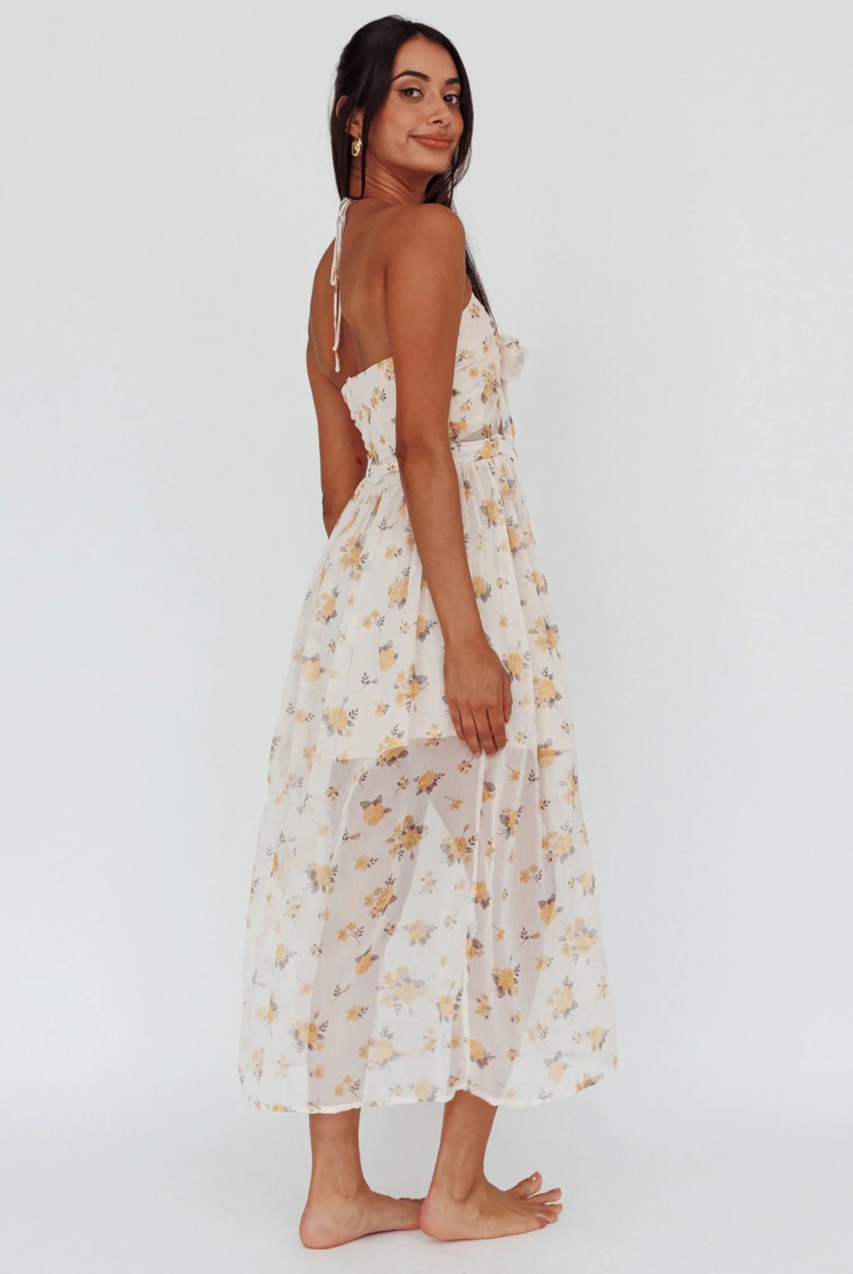Los Feliz Tied Bust Halterneck Midi Dress Sheer Floral Yellow