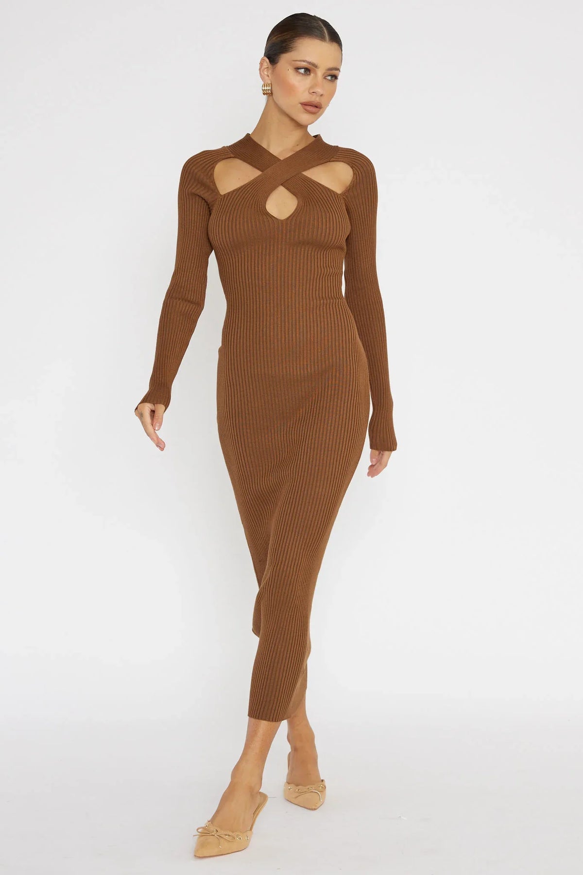 One Mind Cut-Out Neckline Knit Midi Dress Chocolate