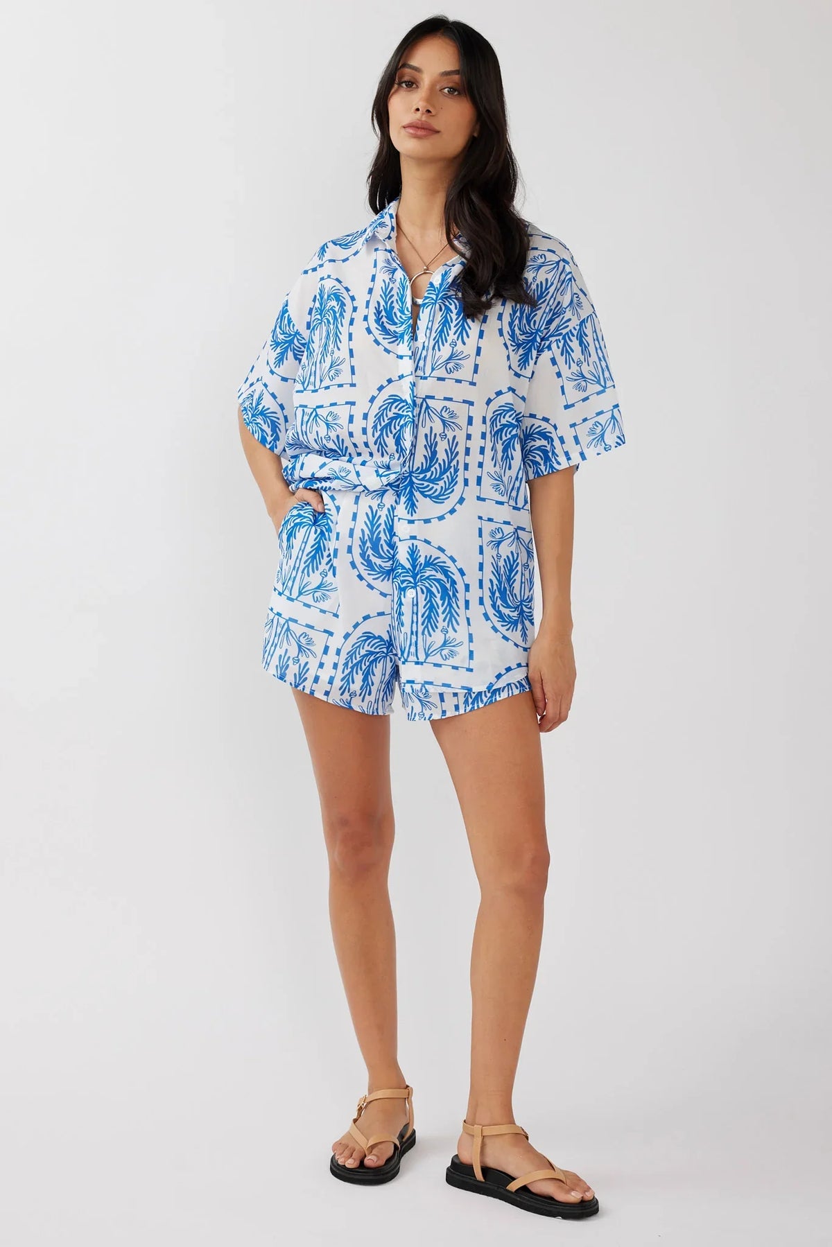 Cora Elastic Waist Shorts Print Blue White