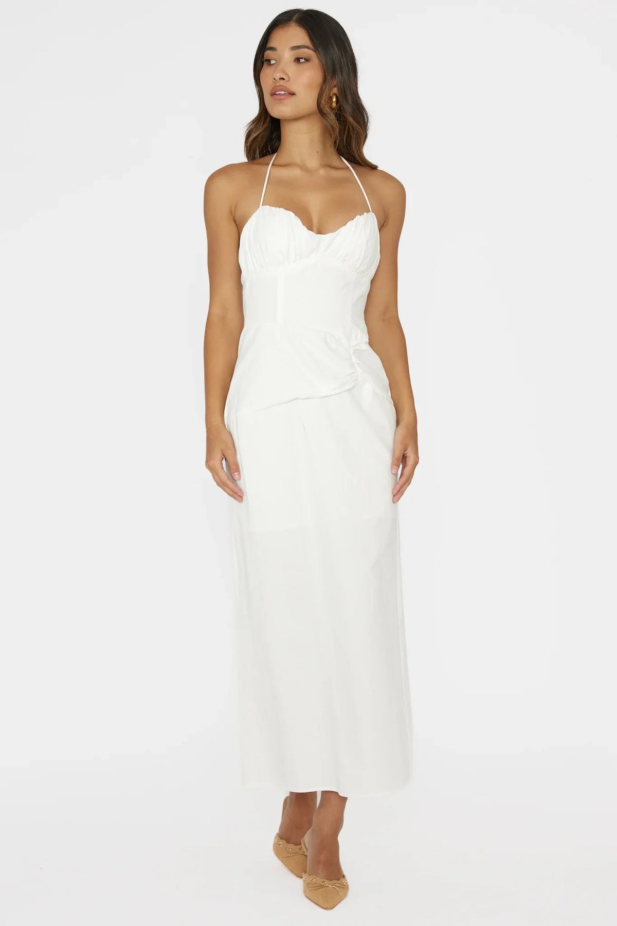Arielle Gathered Bust Halterneck Midi Dress White