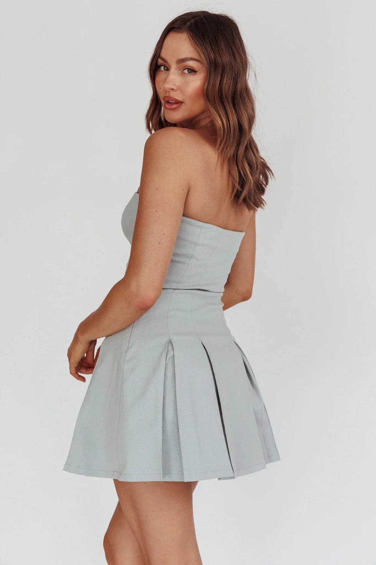 Jeziah Strapless Box Pleat Mini Dress Light Denim