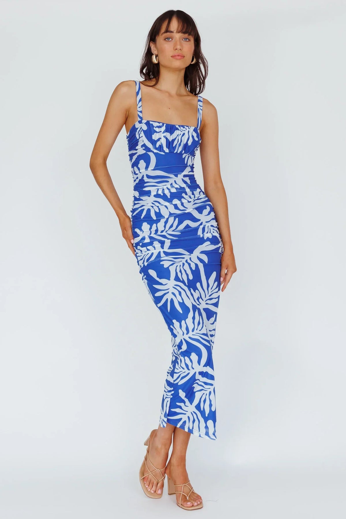 Hawaiian Sun Ruched Bust Midi Dress Print Blue