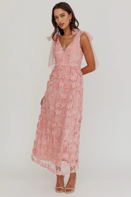 Mykonos Morning Tied Shoulder Tree Maxi Dress Blush