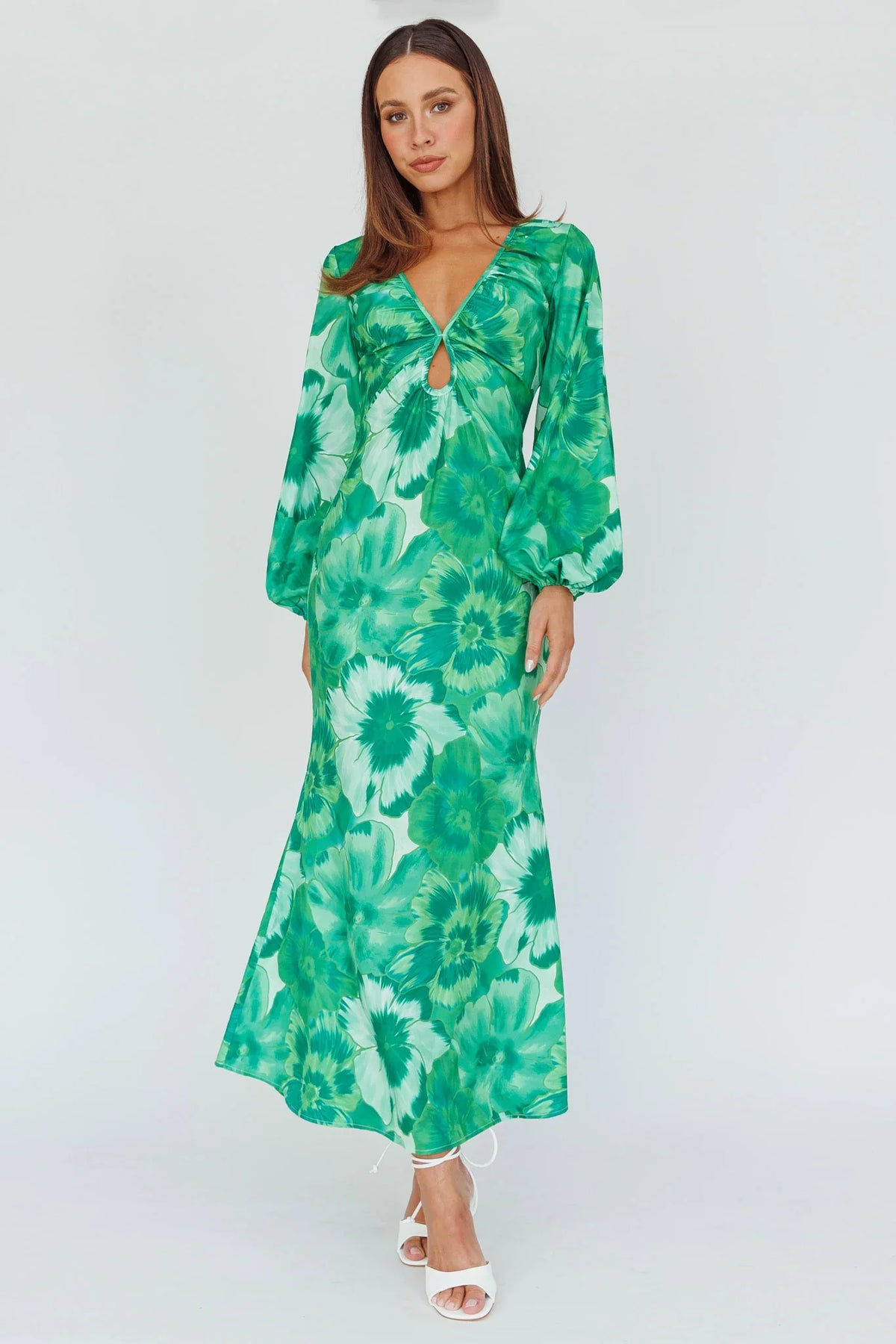 Yessica Balloon Sleeve Midi Dress Floral Green