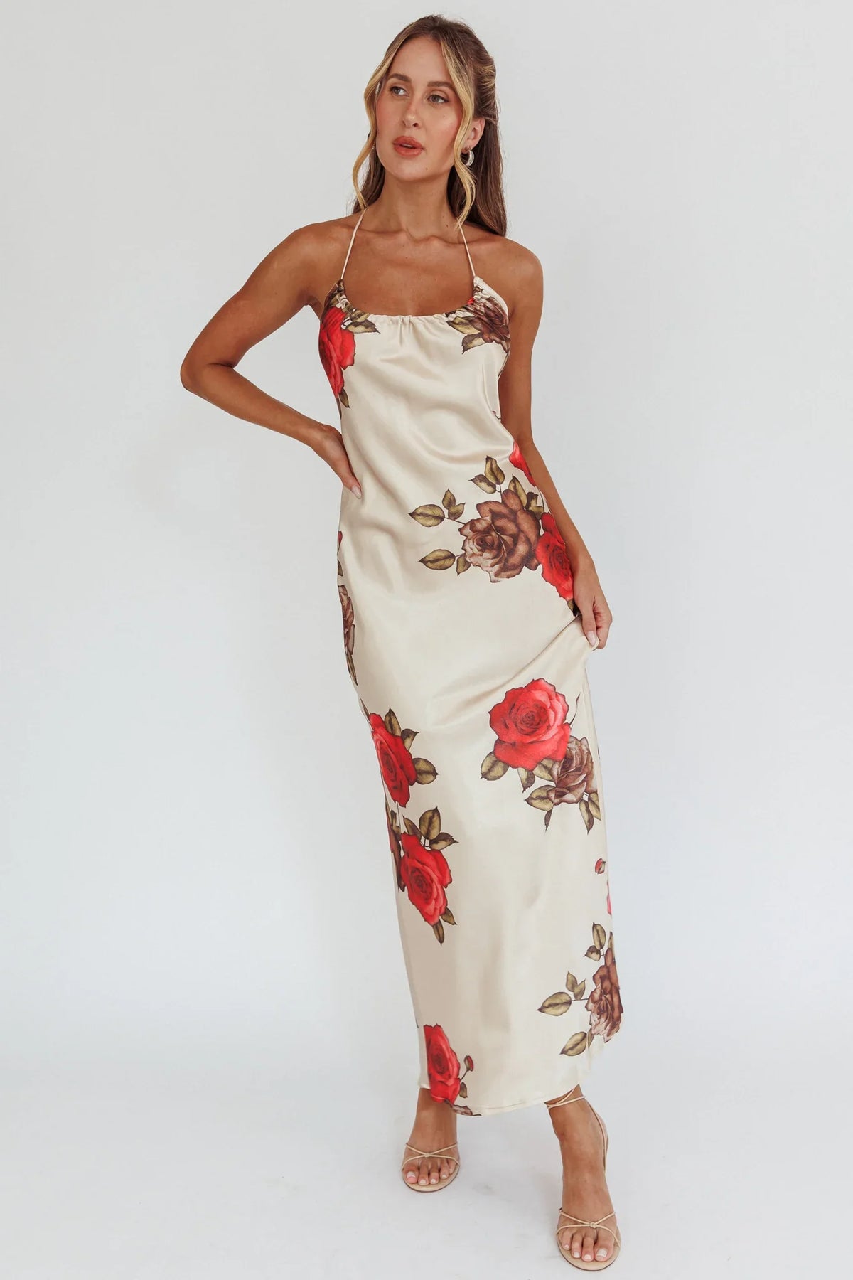 Aspen Spring Lace-Up Back Maxi Dress Floral Beige