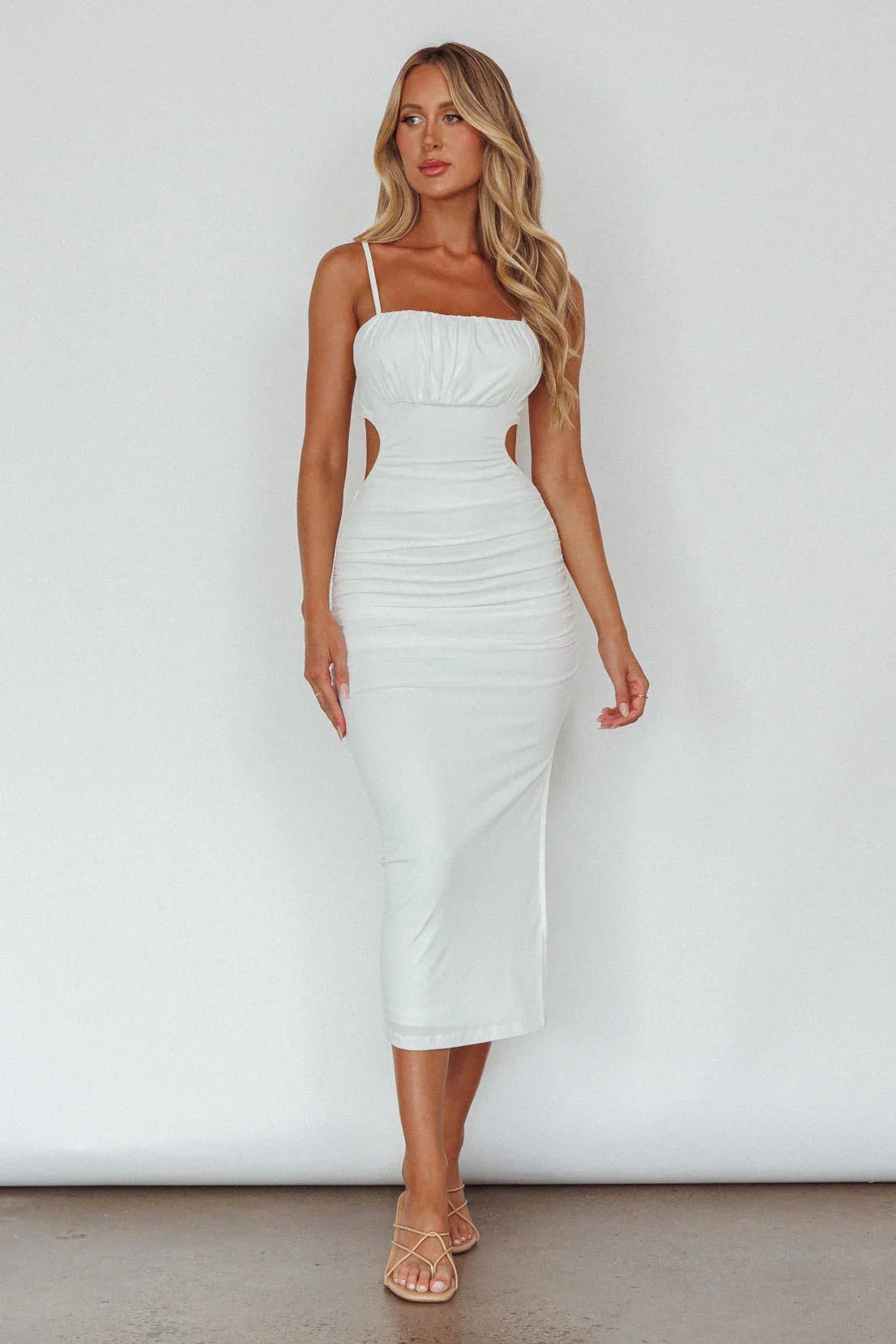 Mary Jane Gathered Bust Tie Back Midi Dress White