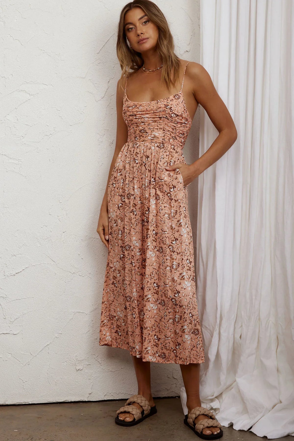Corrie Gathered Bodice Jumpsuit Floral Apricot