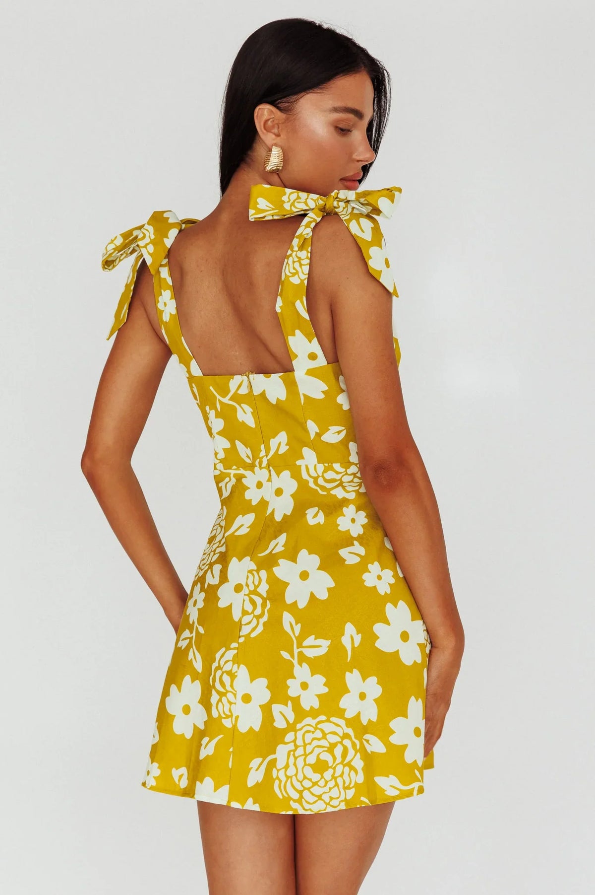 Mykonos Morning Tied Shoulder Mini Dress Floral Tan