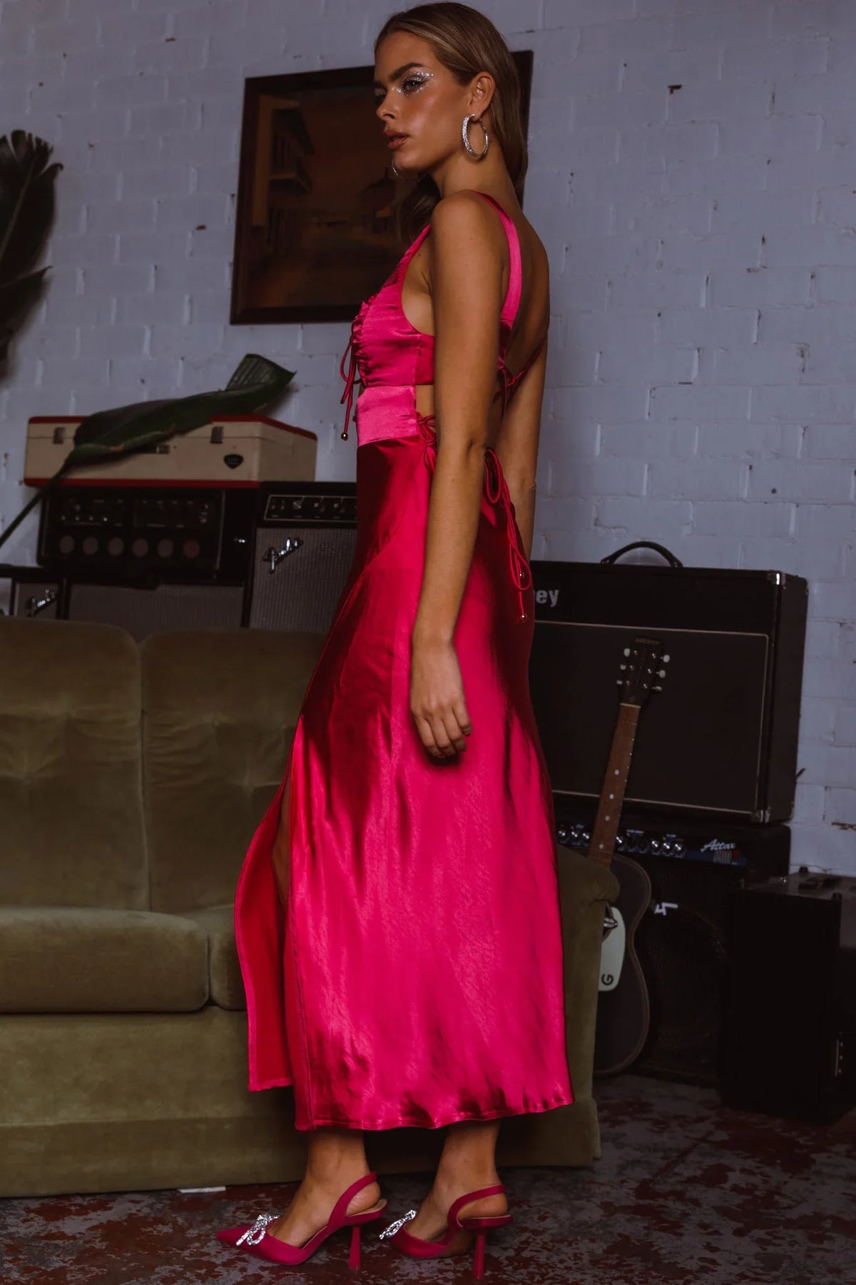 Belle Epoque Drawstring Bust Midi Dress Hot Pink