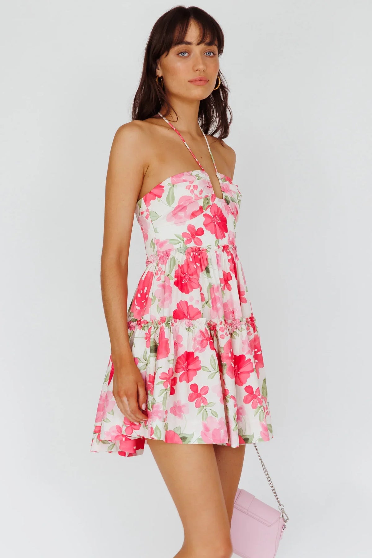 Horizons Frill Trim Mini Dress Floral Pink