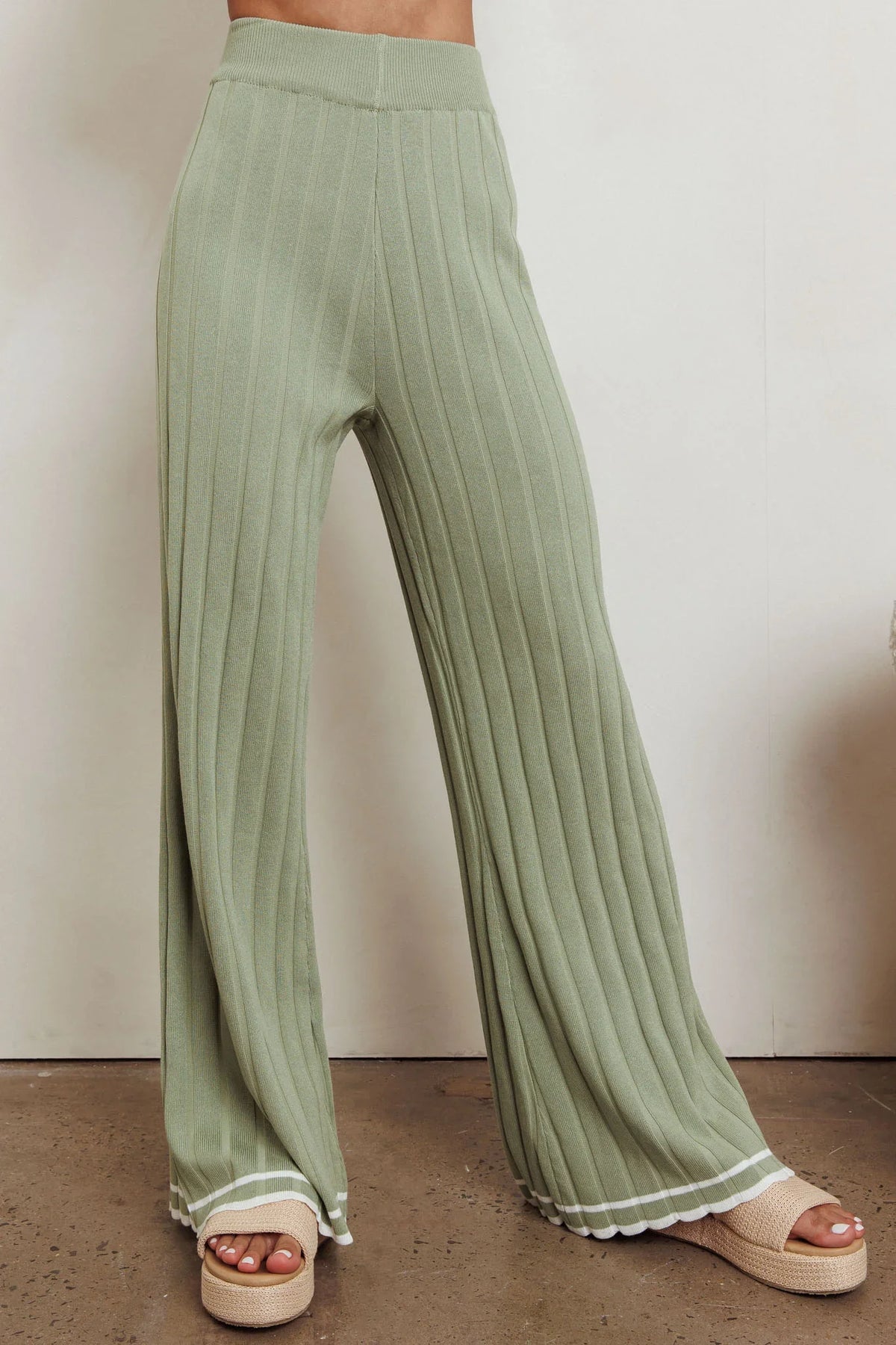 Liloh Contrast Ribbed Wide Leg Pant Sage