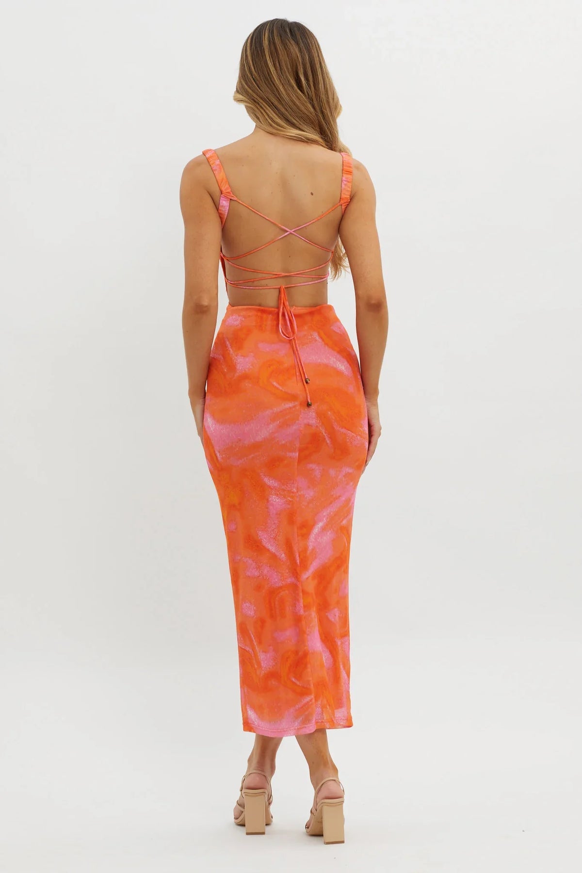 Dream Crush Lace-Up Back Side Split Maxi Dress Swirl Orange