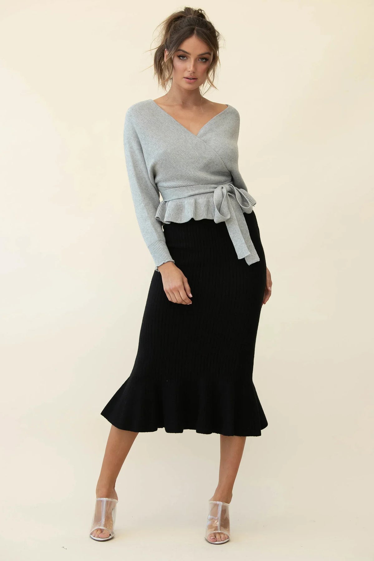 Shalon Ribbed Knit Fluted Hem Midi Skirt Antique Black