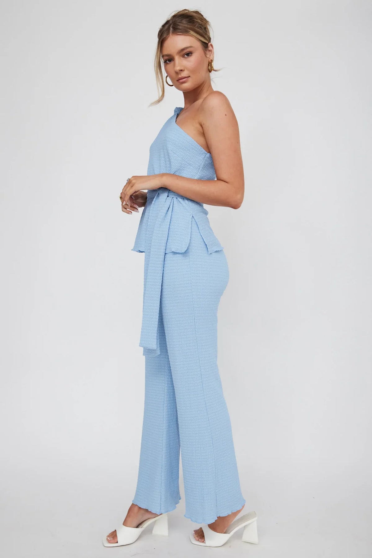 Austin City One-Shoulder Waist Tie Top Blue