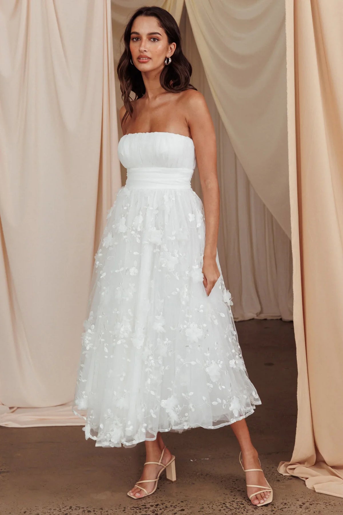 Fayette Strapless Mesh Midi Dress Embellished White