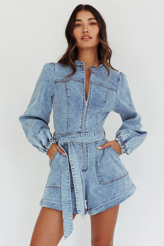 Real World Zip Front Romper Denim Blue