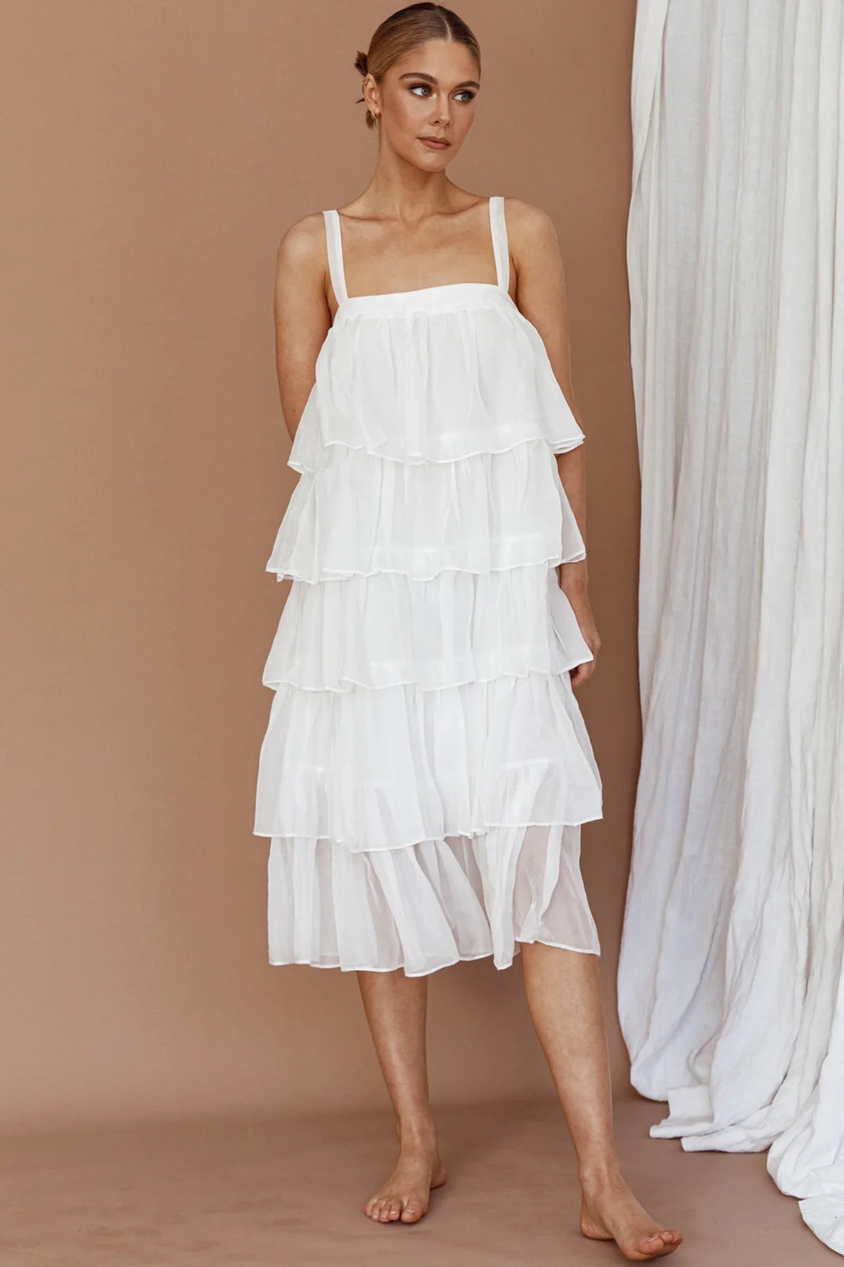 Merry Layered Frill Midi Dress White