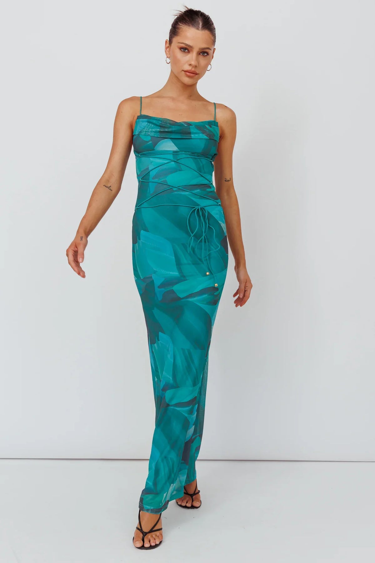 Teava Laced Waist Maxi Dress Abstract Green
