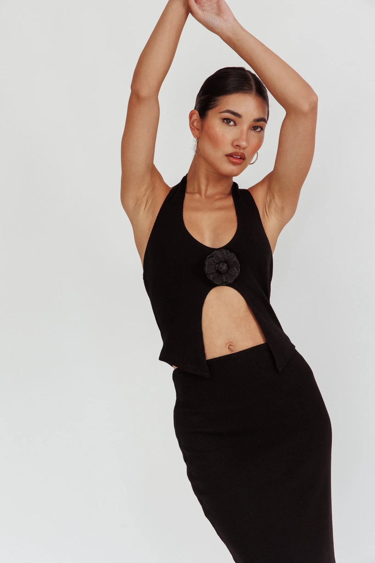 Blackthorn Halter Neck Rosette Top Black
