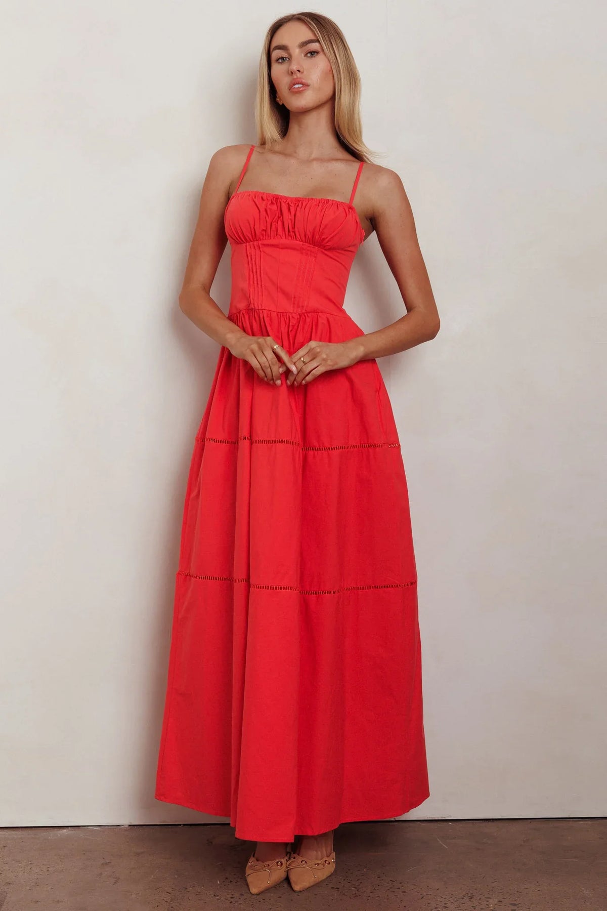 Heavenly Glow Gathered Bust A-Line Maxi Dress Red
