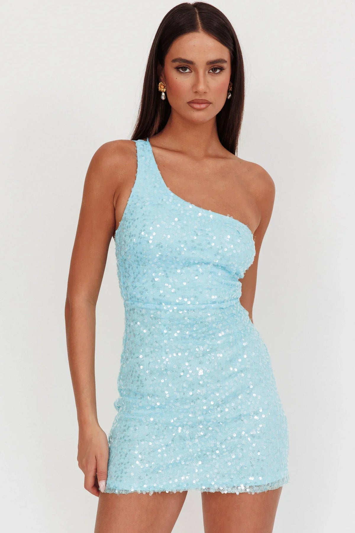 Disco Baby One-Shoulder Sequin Mini Dress Light Blue