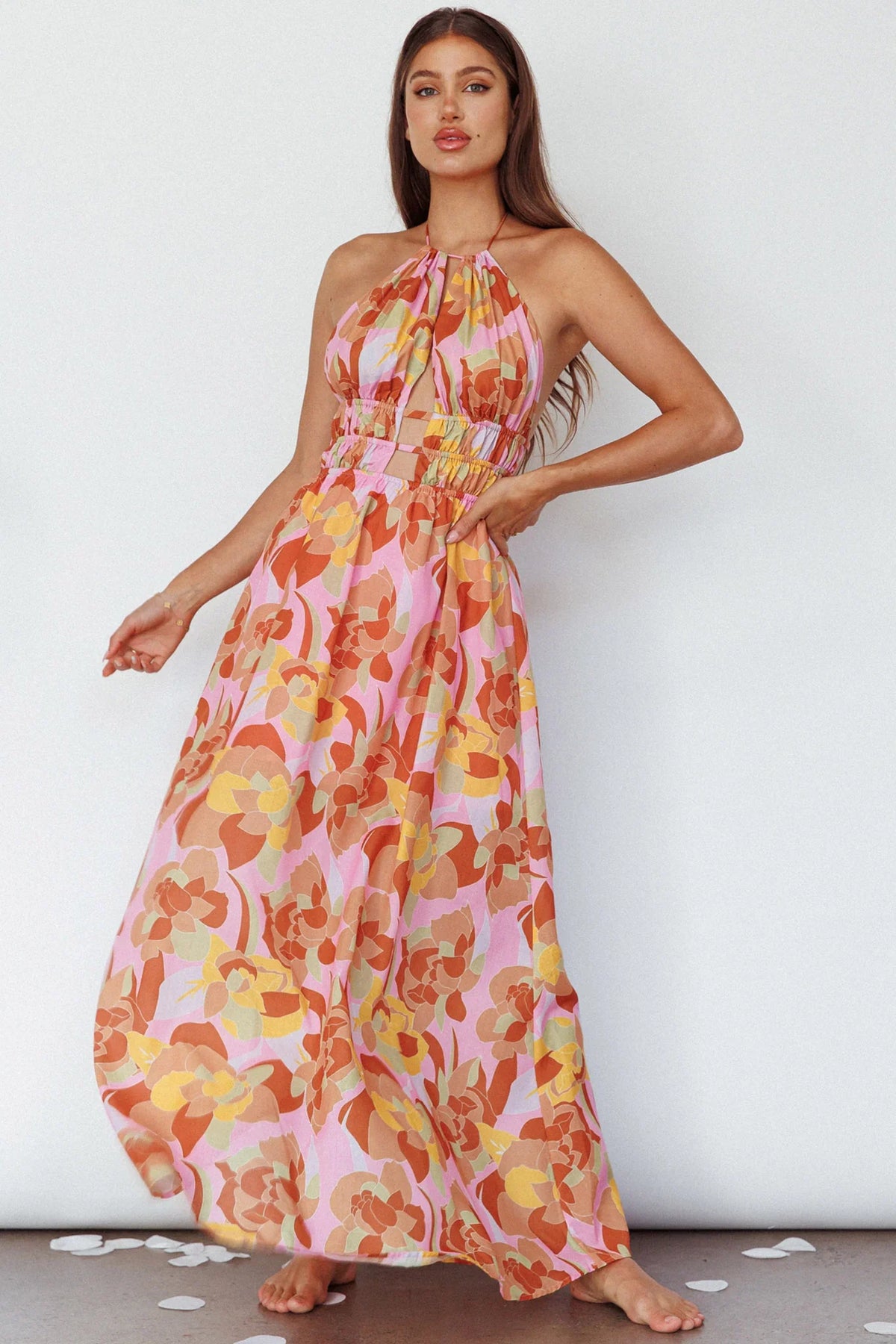 Cyndi Open Back Halterneck Maxi Dress Pink Multi