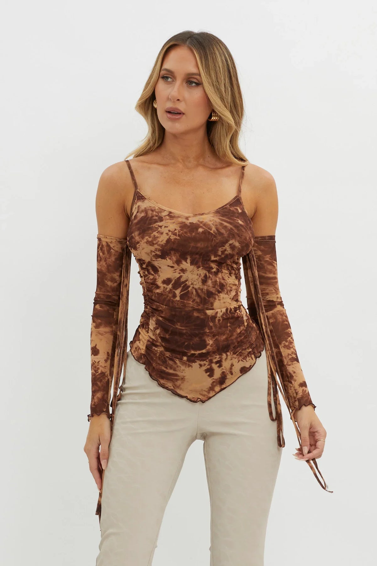 Elektra Off-Shoulder Mesh Top Brown