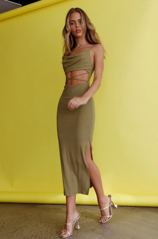 Crazy In Love Cowl Neck Cut-Out Waist Midi Dress Olive