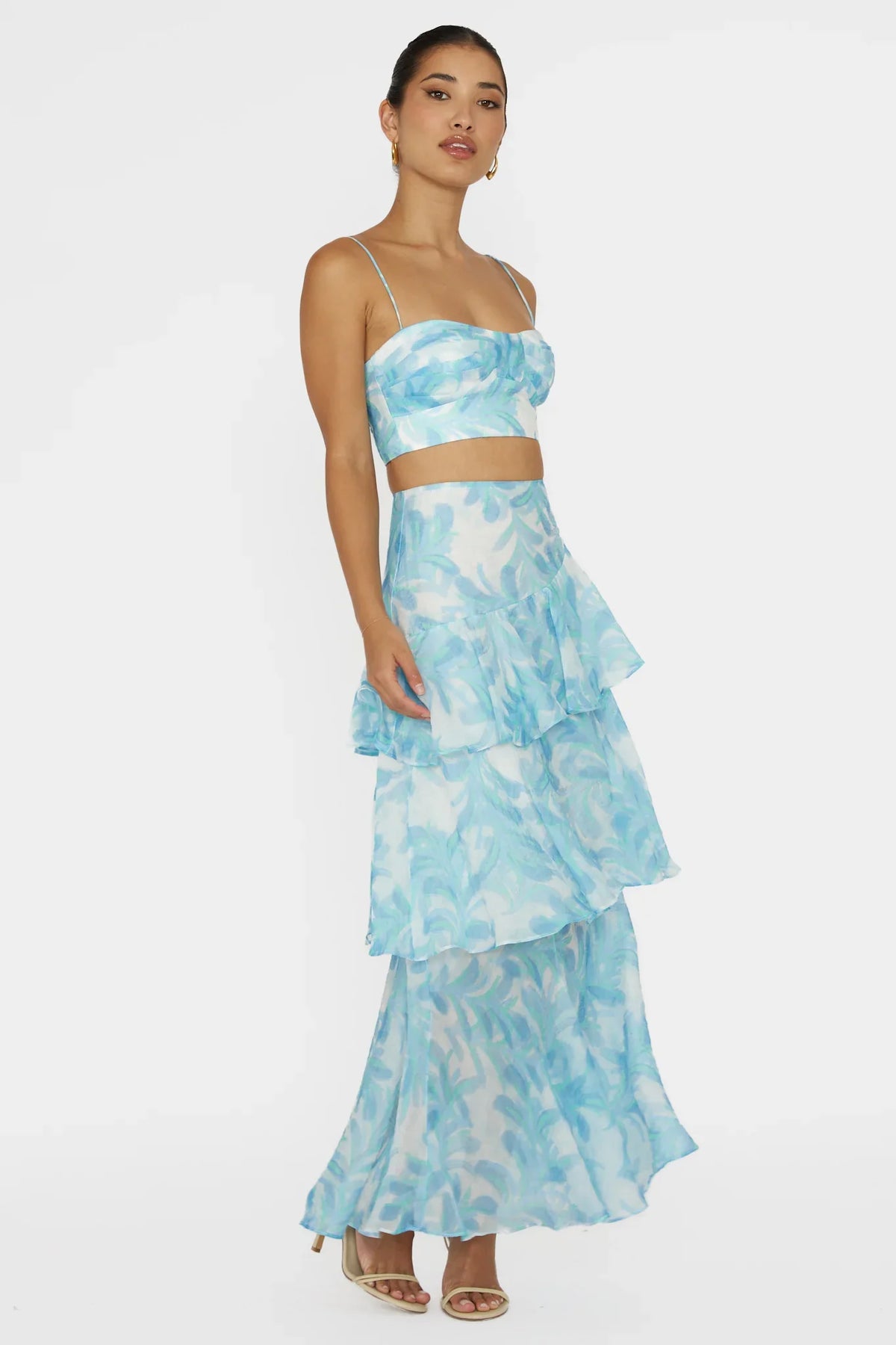 Veda Tiered Ruffle Maxi Skirt Floral Blue