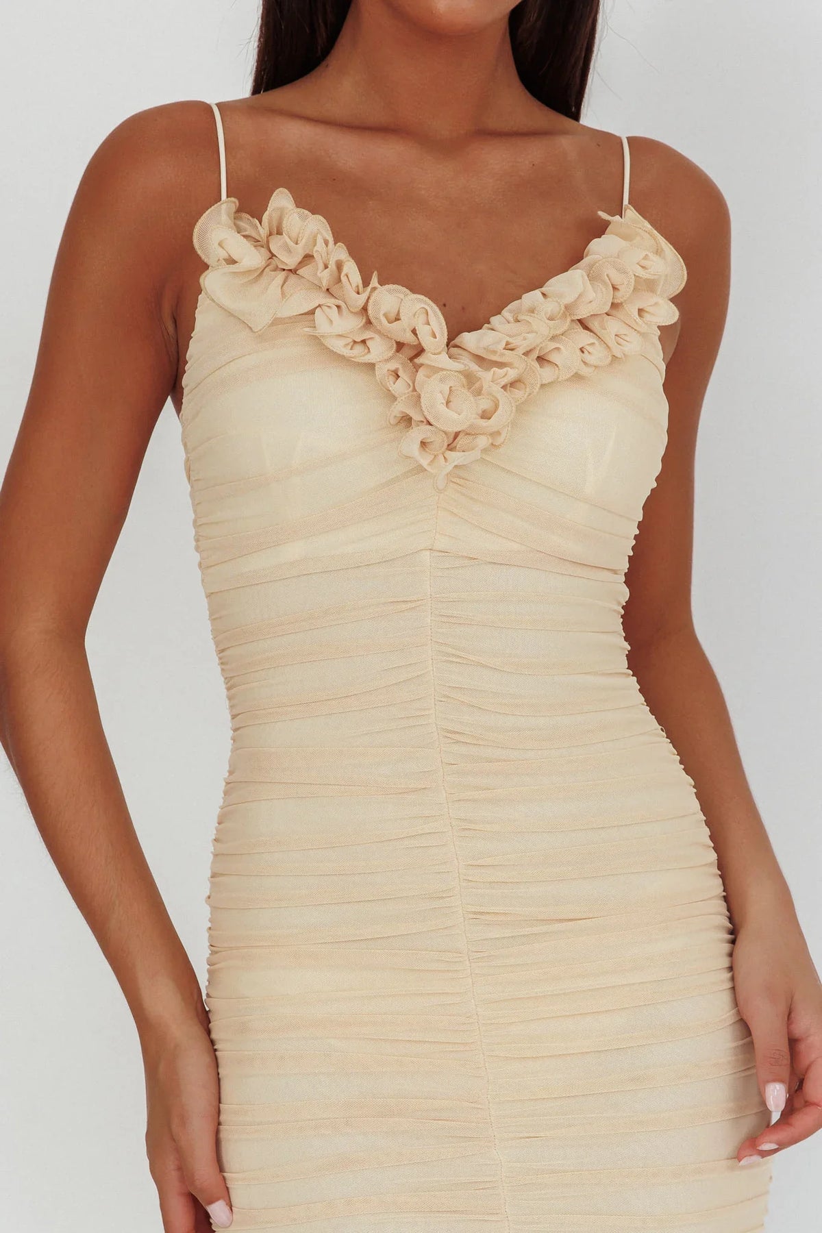 Nadia Ruffle Neckline Ruched Midi Dress Butter