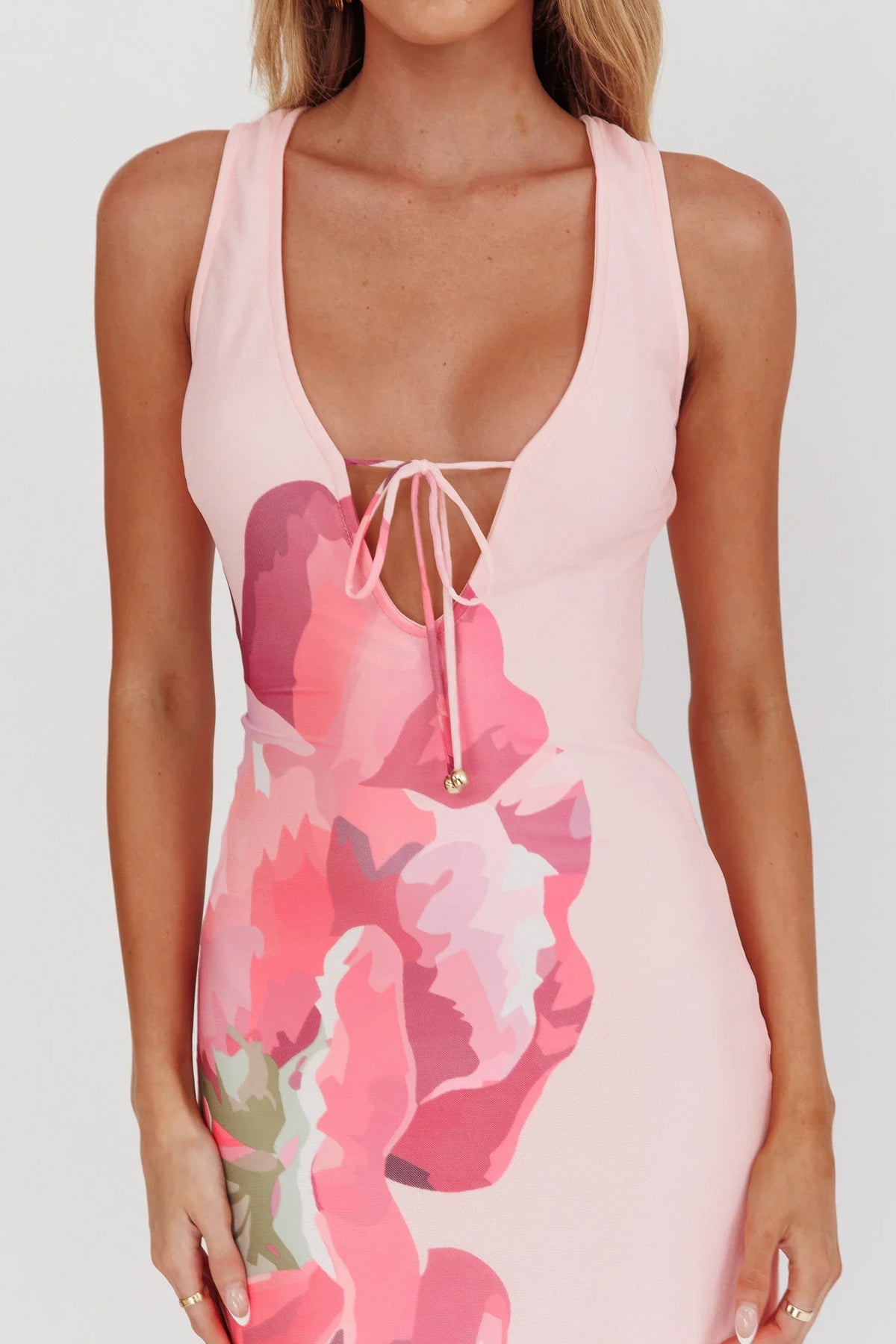 Cinders Tied Plunging Neckline Maxi Dress Flower Pink