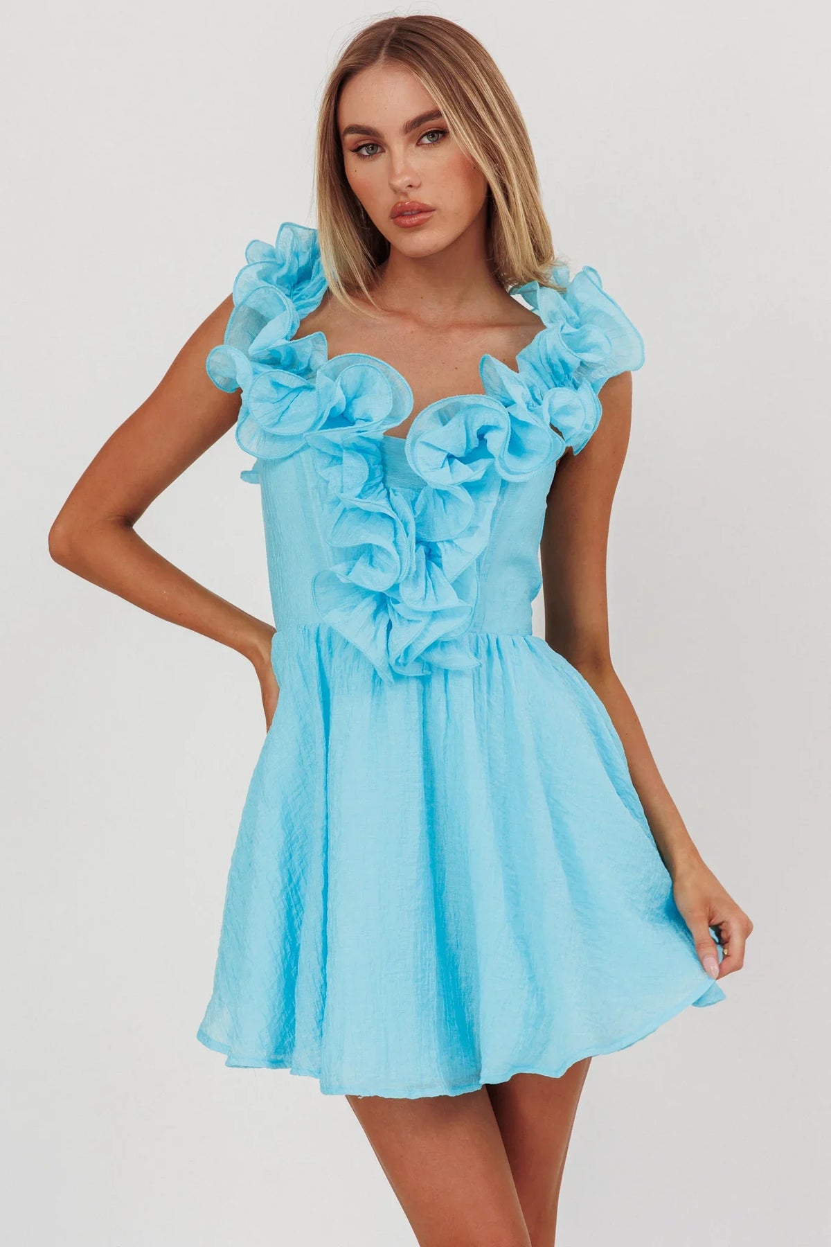Nivaya Ruffle Neckline Mini Dress Ocean