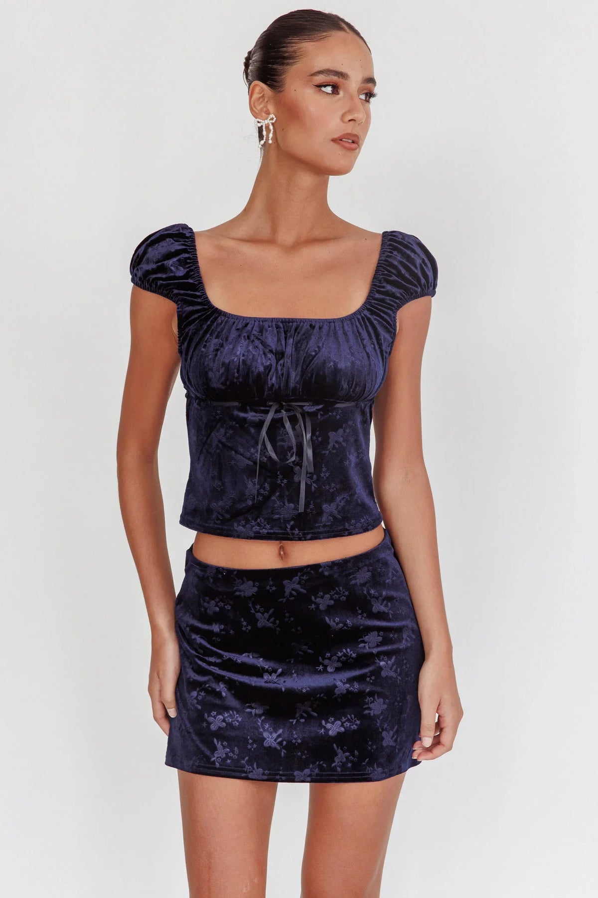 High Rollers Floral Velvet Mini Skirt Navy