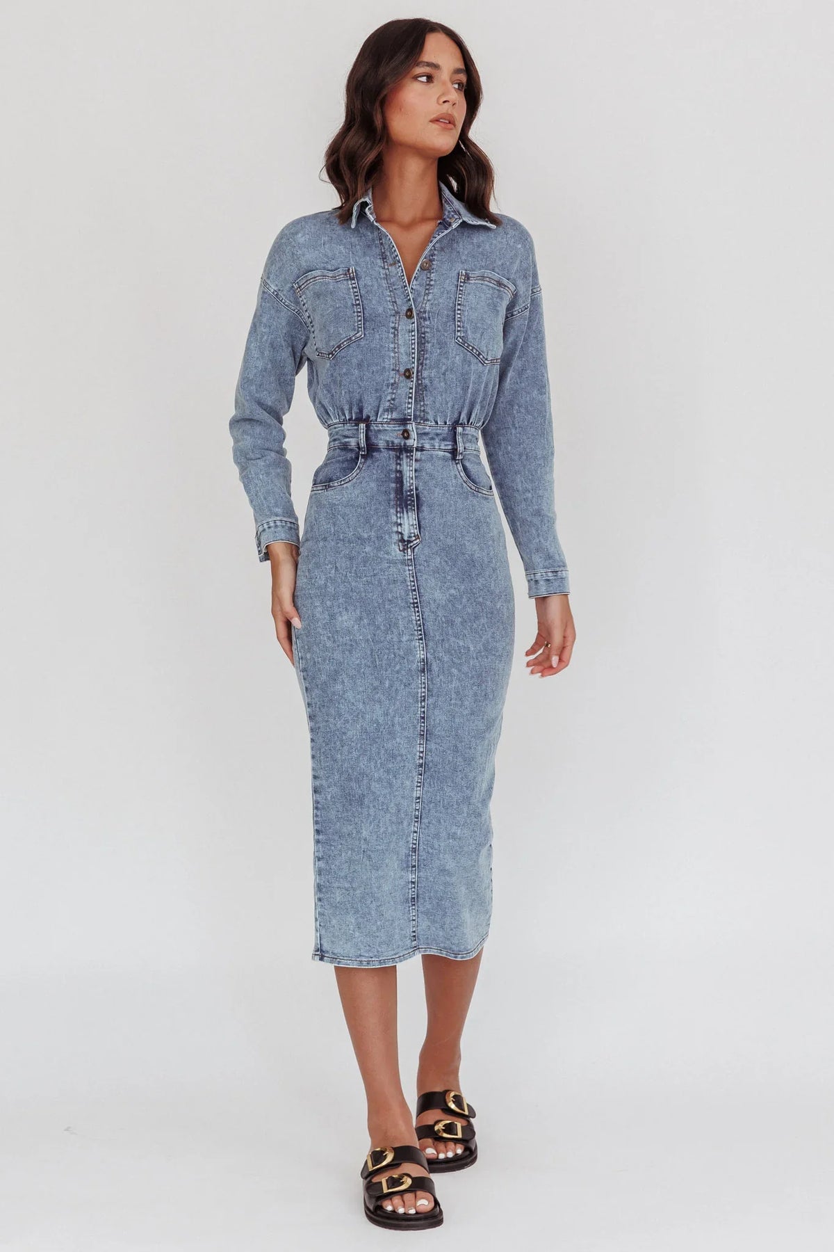 Light Inside Long Sleeve Midi Dress Denim Blue