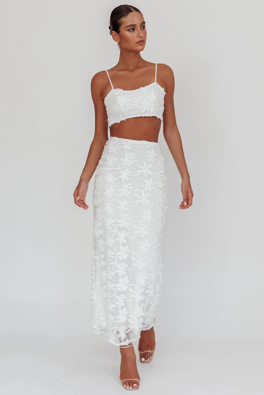 Casi Palm Tree Embroidered Maxi Skirt White