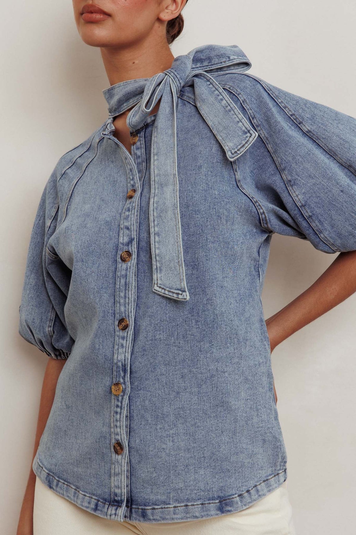 Notice Me Puff Sleeve Neck Bow Top Denim Blue
