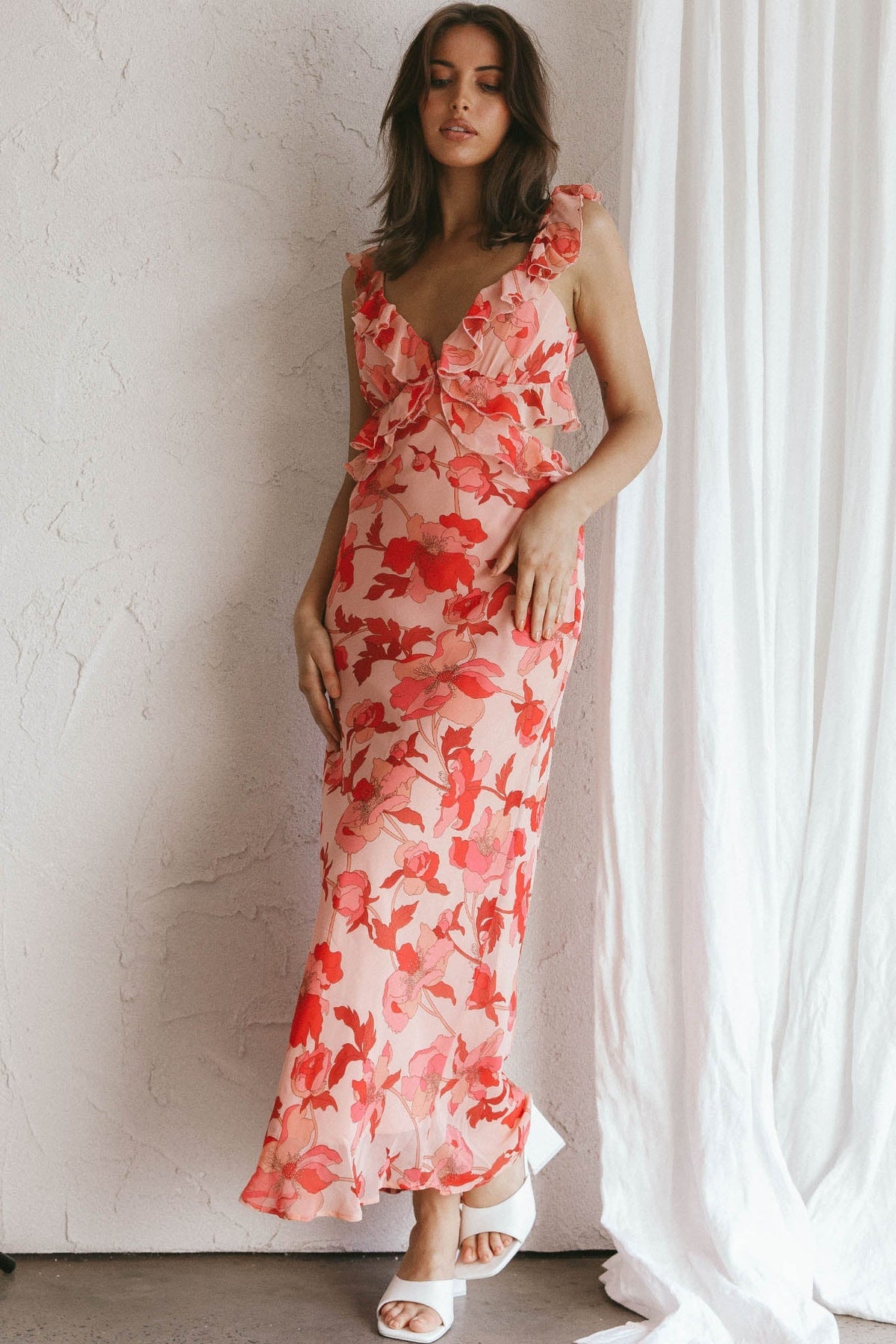 Second Chances Ruffle Trim Midi Dress Floral Pink