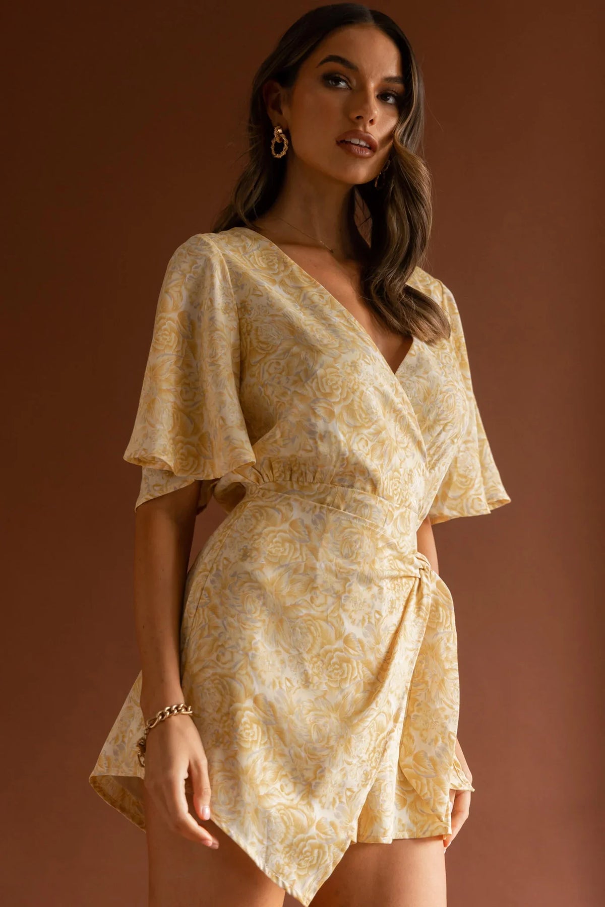 Nadi V-Neckline Wrap Romper Rose Flower Print Yellow