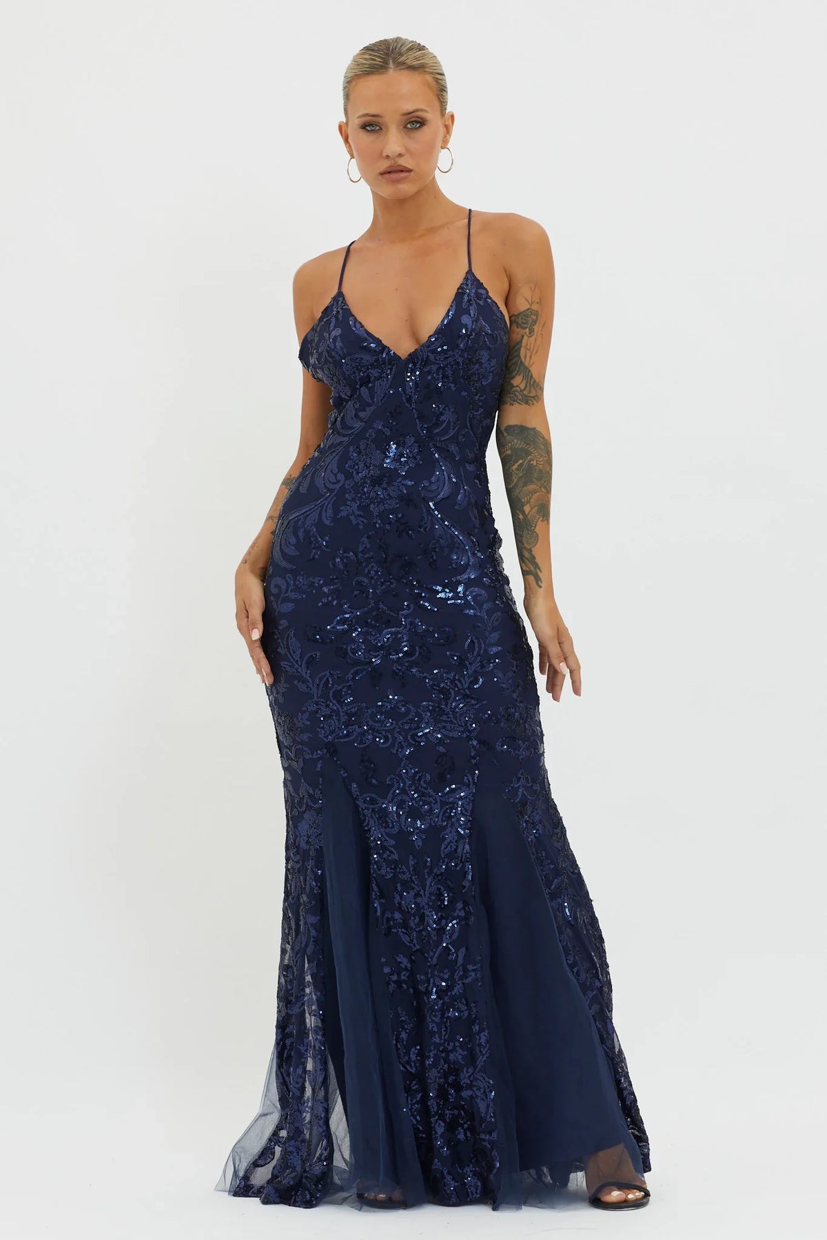 Serenade Song Godet Hem Sequin Maxi Dress Navy