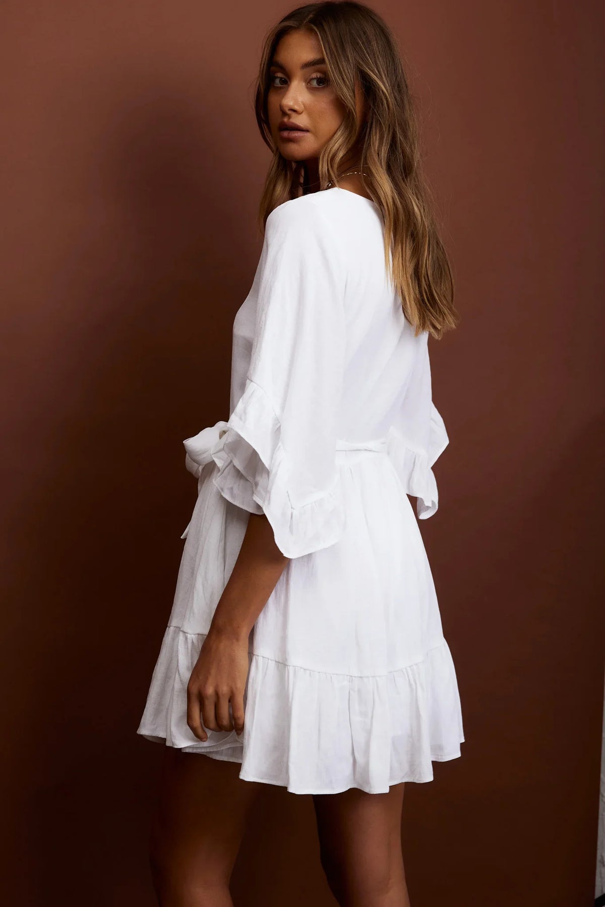 Joni Batwing Sleeve Waist Tie Dress Ruffle White