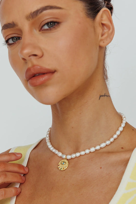 Evil Eye Freshwater Pearl Necklace Gold