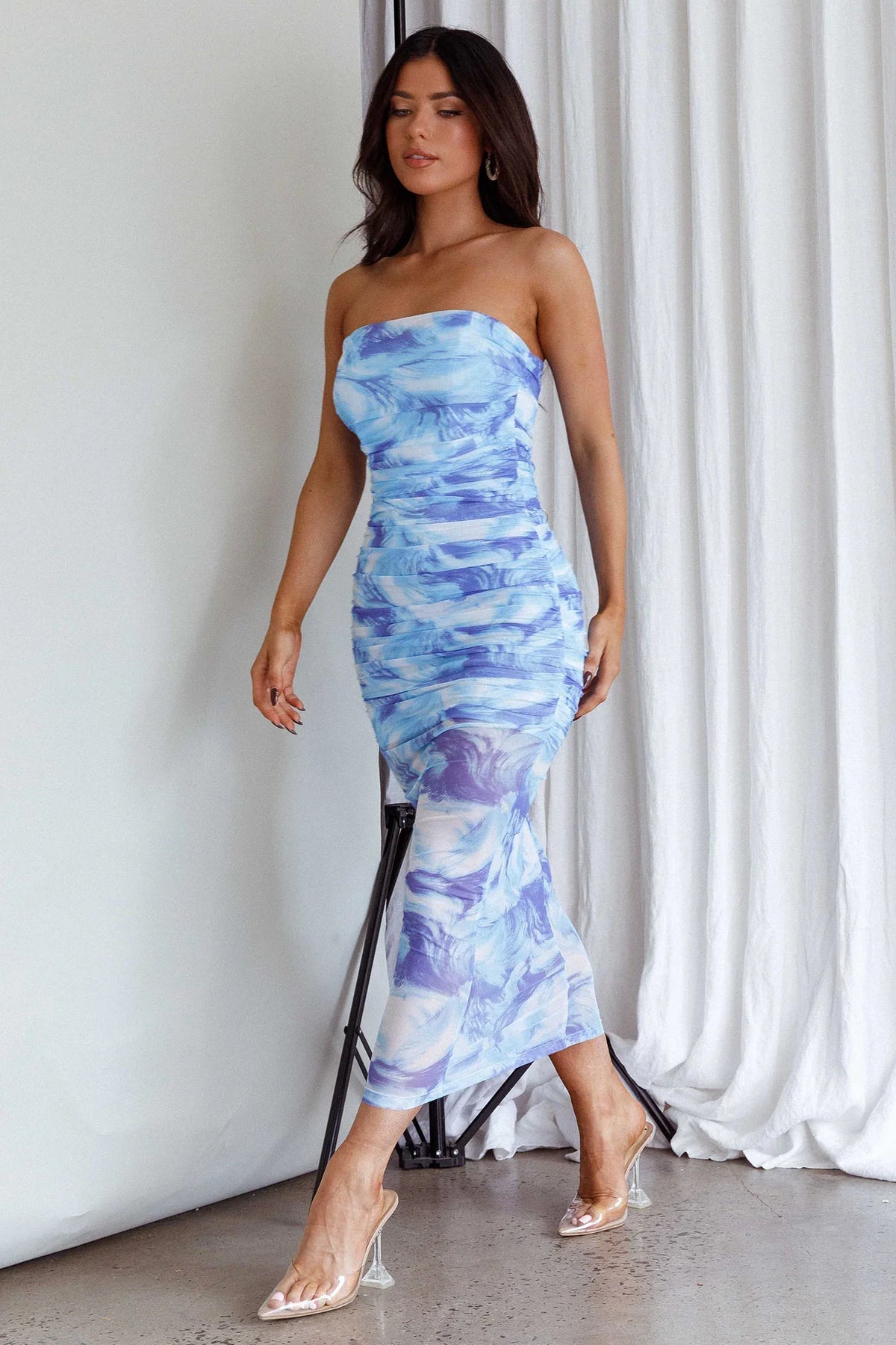 Logan Strapless Ruched Midi Dress Blue