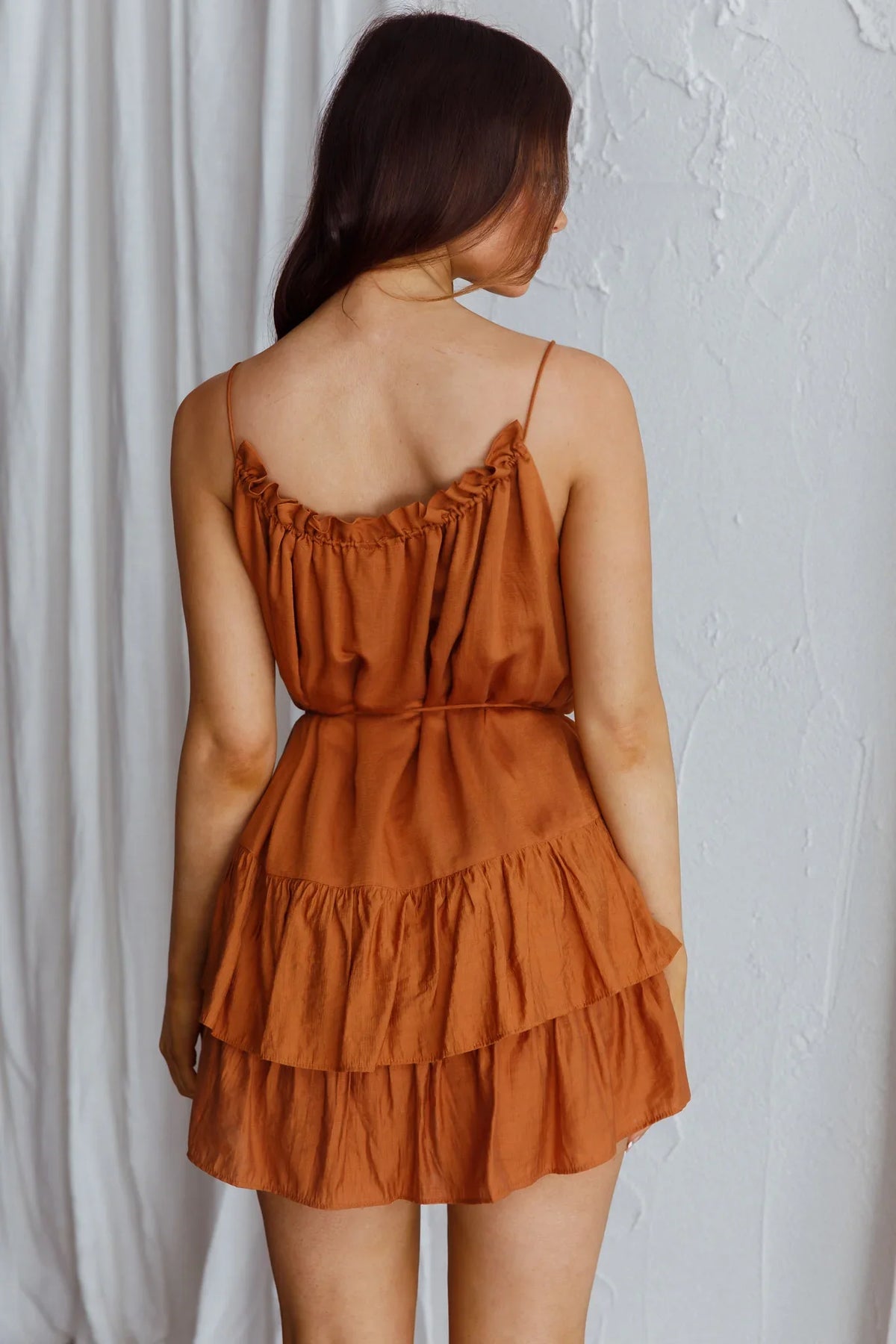 Madeira Drawstring Neckline Frill Mini Dress Tan