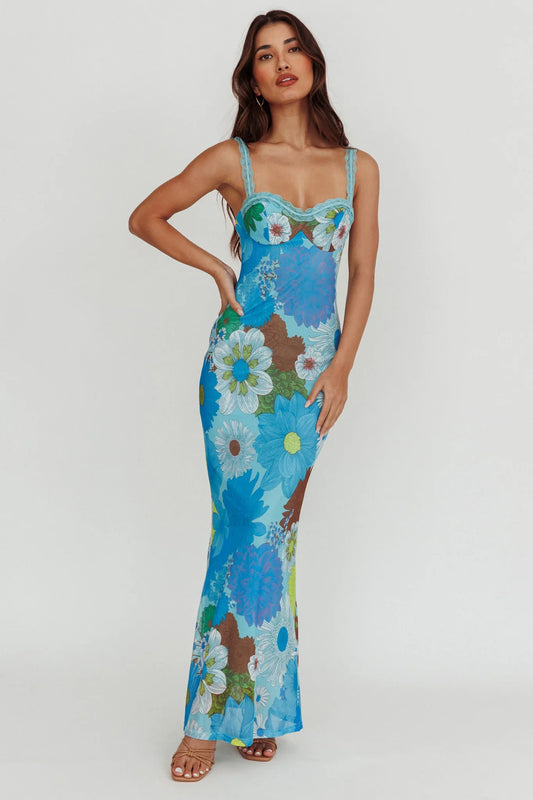 Girl Power Lace Strap Maxi Dress Blue