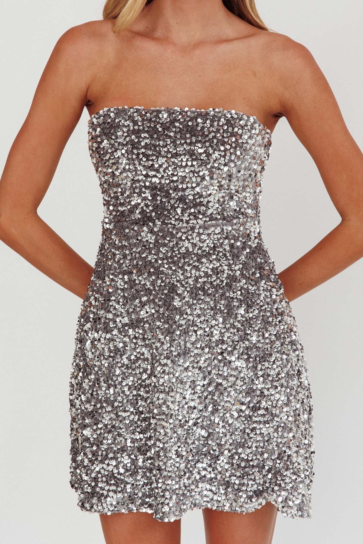 Heart To Heart Strapless Sequin Mini Dress Silver