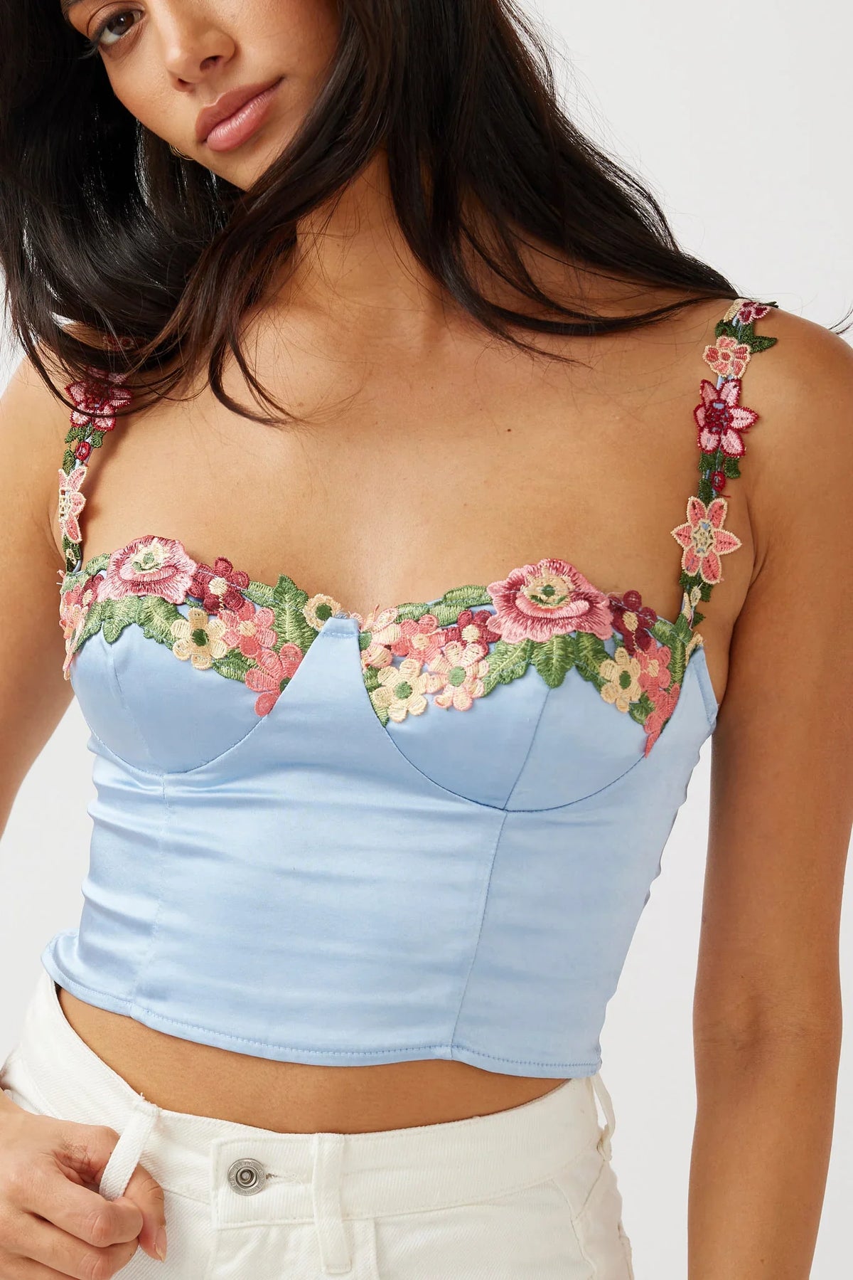 Rose Garden Floral Applique Crop Top Blue