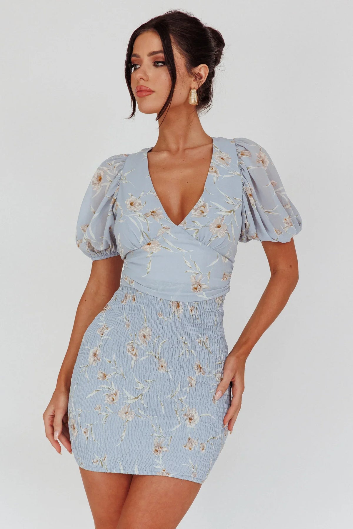 La Nena Shirred Mini Dress Floral Blue