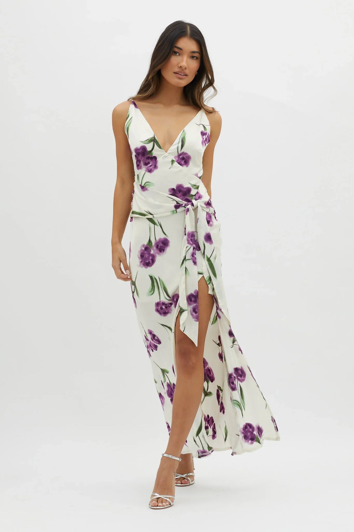 Corinna Tied Waist Split Dress Floral Purple